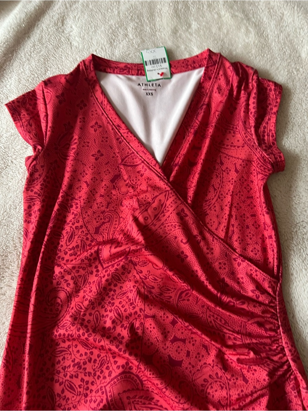 Athleta Red Paisley Wrap-Style Short Sleeve Top